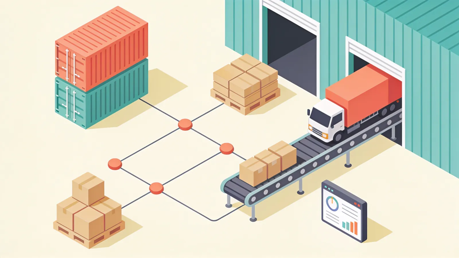 Shipping containers, pallets, and a delivery truck connected by a data network