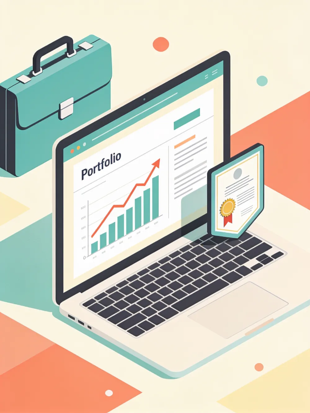 A portfolio of work on a laptop beside a certificate