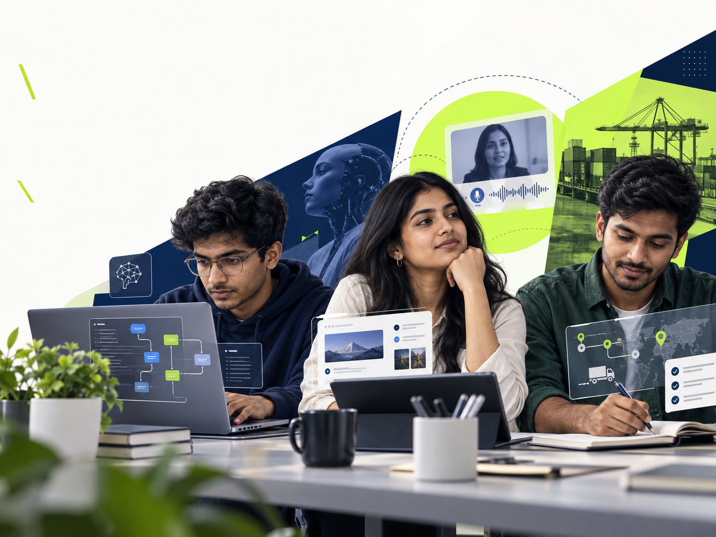Three graduates working at laptops on projects for different career paths