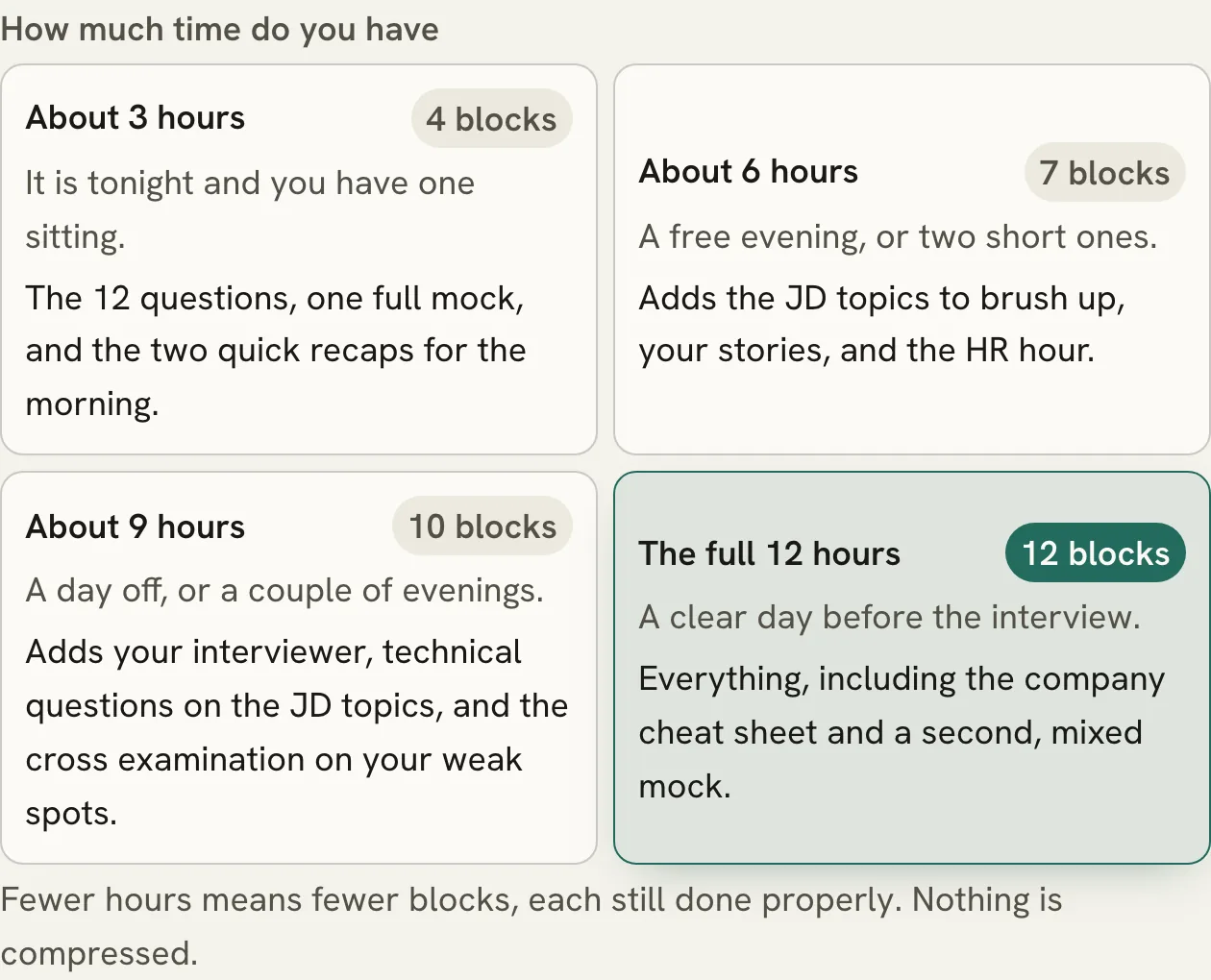 The 1 Day Prep hour picker: about 3 hours, 4 blocks; about 6 hours, 7 blocks; about 9 hours, 10 blocks; the full 12 hours, 12 blocks.